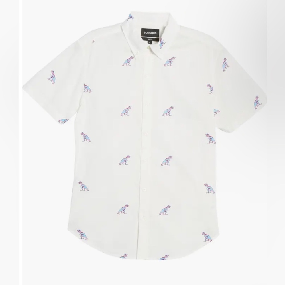 Bonobos Short Sleeve Button Down White Dinosaurs Medium Slim Fit New w/ Tags